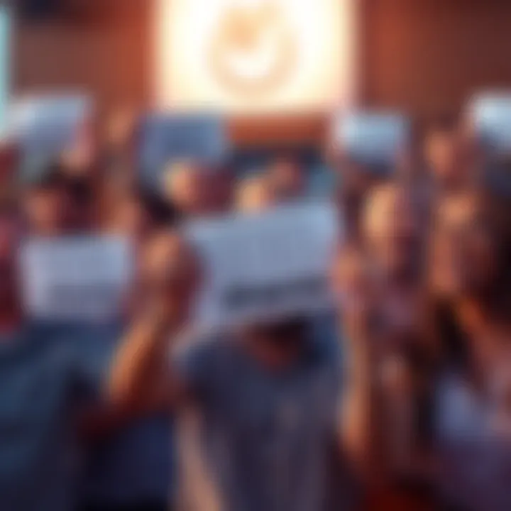 A group of people cheering together, holding signs that say '100 shares goal' with smiles on their faces, showcasing support within a community.