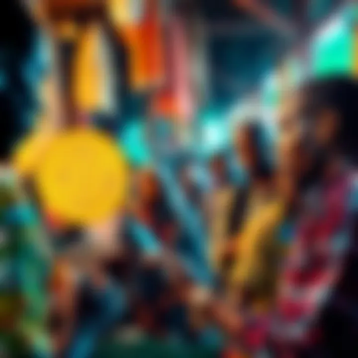 People in a market in Zanzibar discussing Bitcoin adoption, with smartphones and crypto graphics visible.