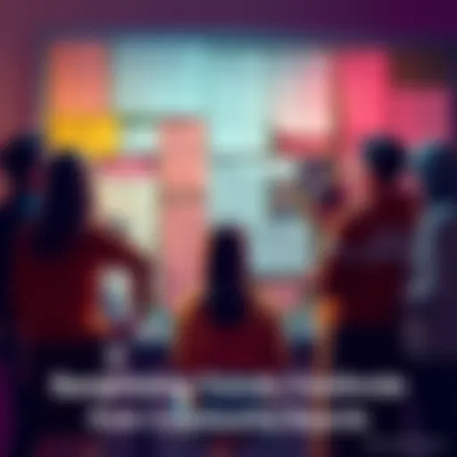 A diverse group of people engaged in discussion while looking at a community board filled with various advice and comments