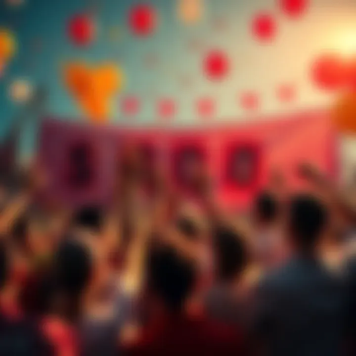 People celebrating a community event with banners and balloons after reaching a financial milestone.