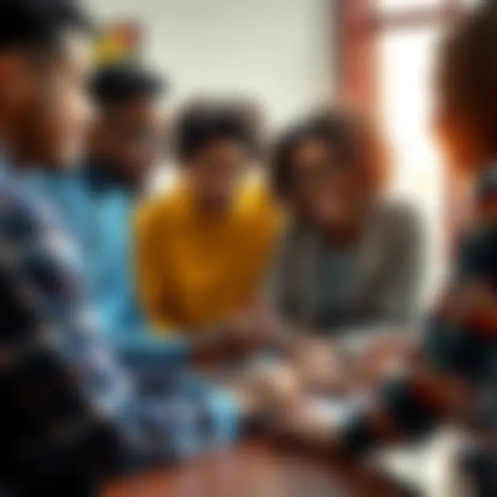 A diverse group of people working together in a community space, sharing ideas and building connections.
