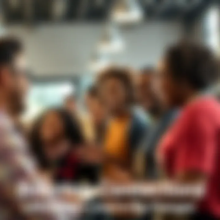 A group of diverse people interacting positively, sharing smiles and ideas in a community setting.