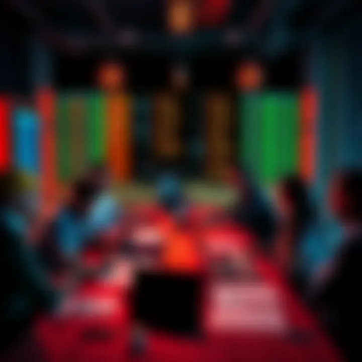 Community Decisions in Tech A group of diverse people discussing technology and governance in a meeting room with laptops and charts on the table.