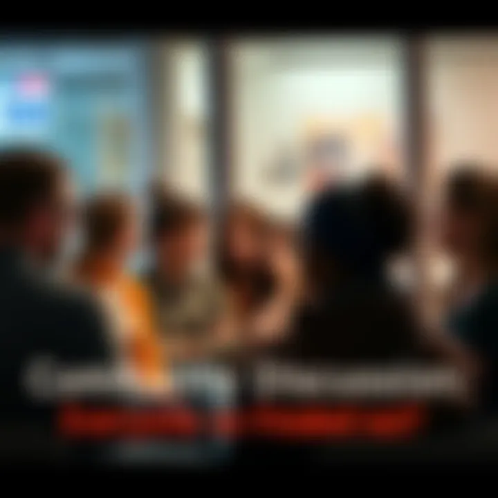 A group of people talking in a circle, looking concerned and engaged in conversation about their worries