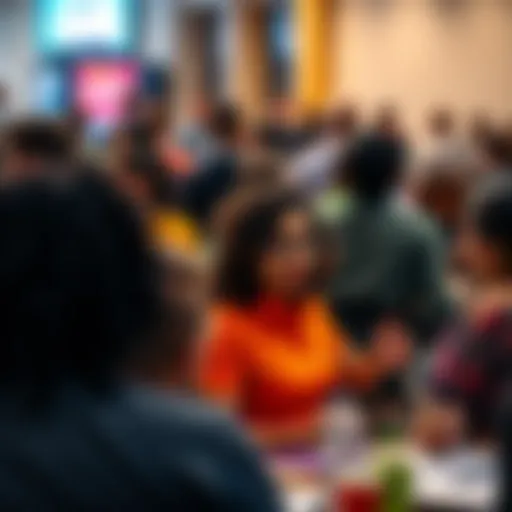 A diverse group of people participating in a community event with discussions, emphasizing the shift towards community-centric marketing.