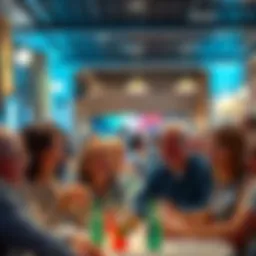 People reconnecting during a community event, sharing stories and experiences with smiles and laughter.