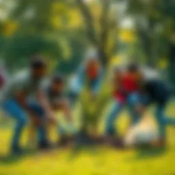 A group of diverse people working together in a park, planting trees and cleaning up trash, showing teamwork and community spirit.