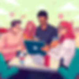 An illustration of people collaborating on a digital app for the Pi community in Albania, with icons for services, merchants, and tourists around a laptop.