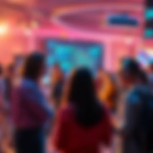 A group of people discussing online community safety with visuals of filters and barriers to represent combating bots and toxicity.