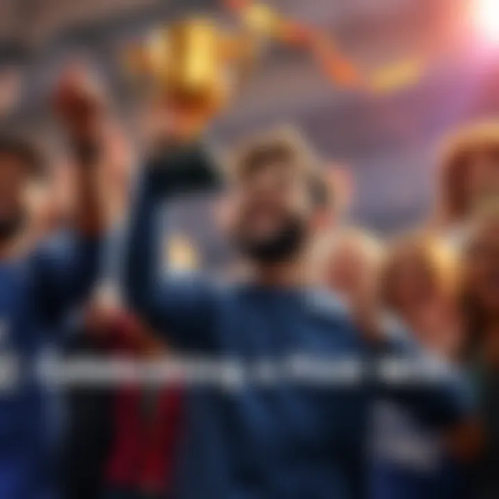 A proud community member holds a trophy with friends cheering around them, capturing the joy of winning together.