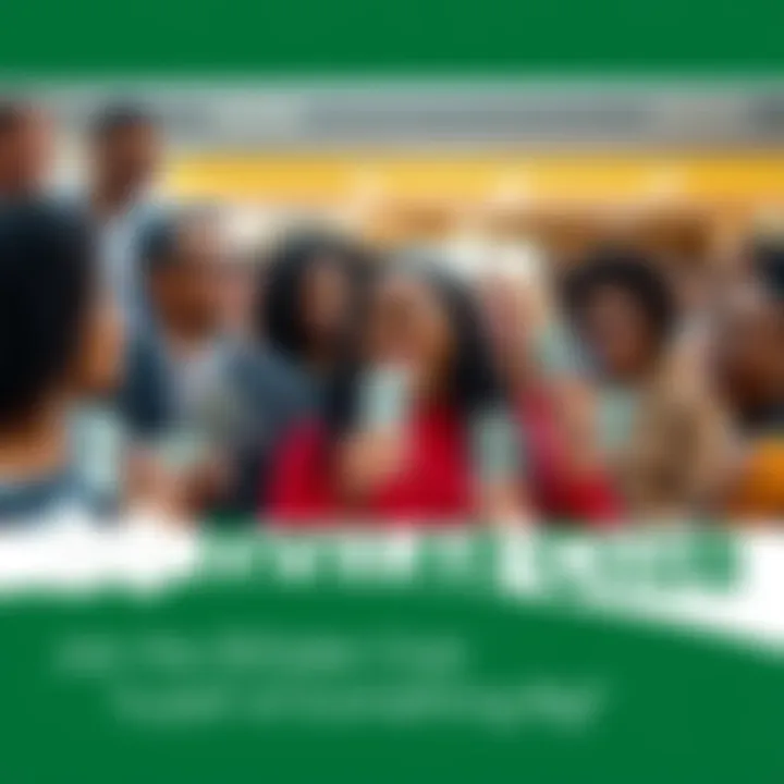 A group of diverse people holding dollar bills, smiling and engaging with each other in a supportive atmosphere.
