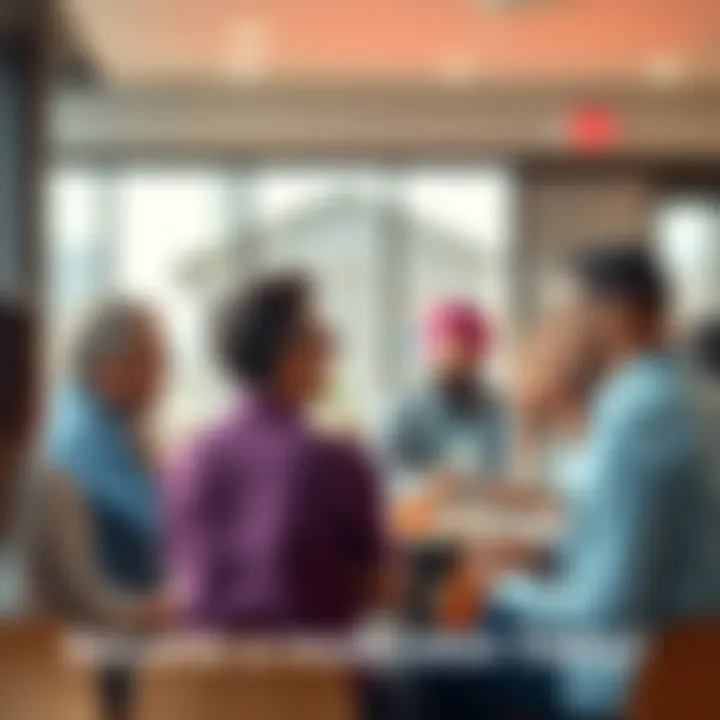 A group of diverse people discussing community moderation ideas in a friendly setting.