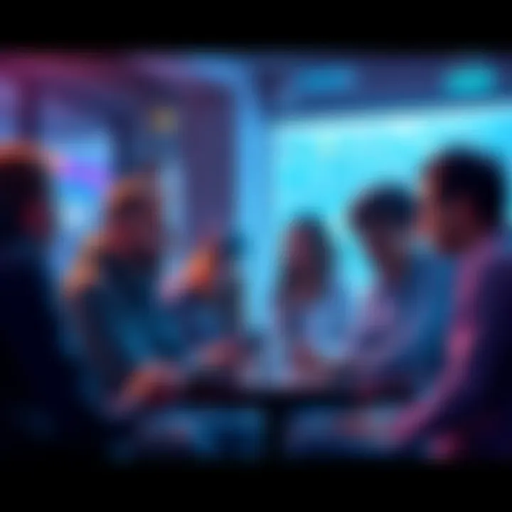 A group of people discussing cryptocurrency tools and resources, sharing tips and experiences in a friendly atmosphere.