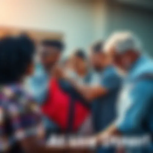 A group of people from the community working together to support those in need, showing teamwork and cooperation.