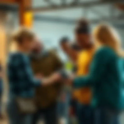 A group of diverse people collaborating on a local project, sharing ideas and resources to support community initiatives.