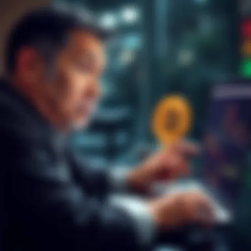 A seasoned investor looking worried while examining Bitcoin charts on a laptop, symbolizing skepticism in the cryptocurrency market.