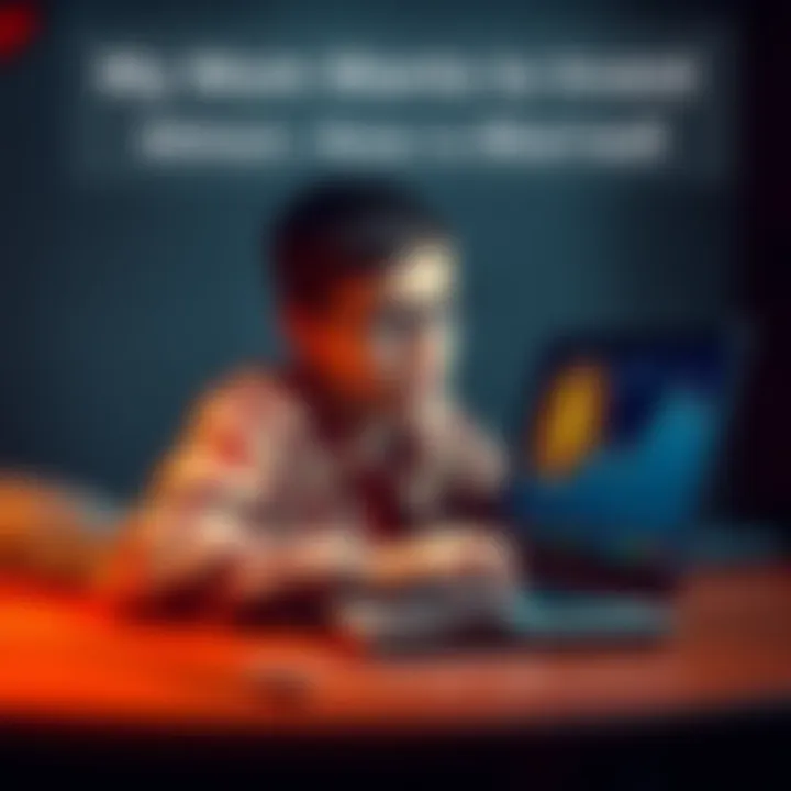 A worried son looks at a laptop displaying a Bitcoin chart, contemplating his mother's interest in investing in cryptocurrency.