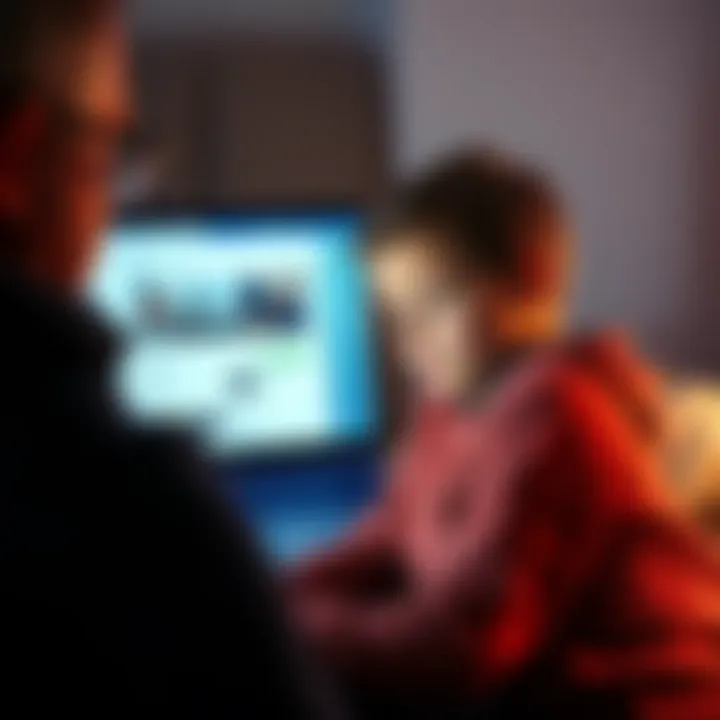 Concerned son looking at Facebook posts about XRP A worried son viewing his father's Facebook feed filled with XRP posts, showing concern about crypto hype and scams, with a laptop and phone in the background.
