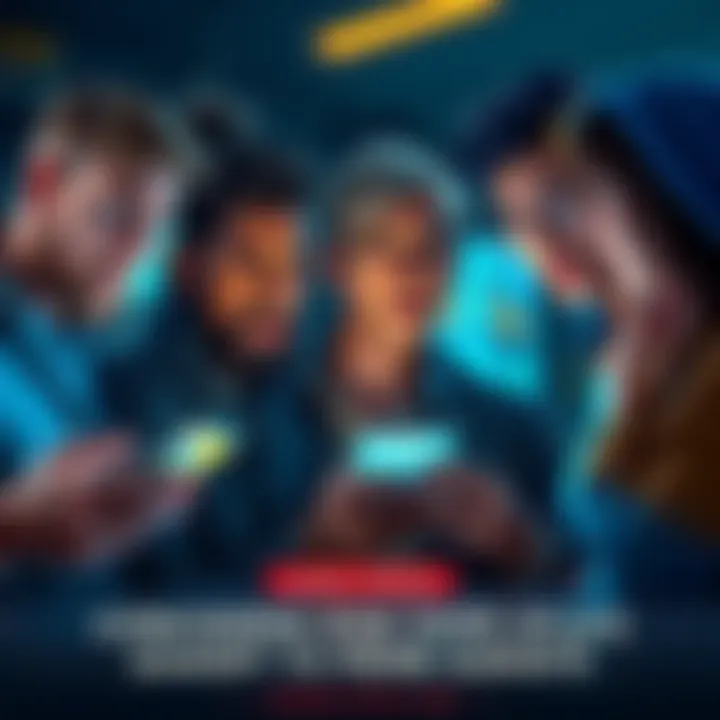 A group of concerned players discussing the changes in Atlas Earth, looking at mobile devices showing app updates, with worried expressions.