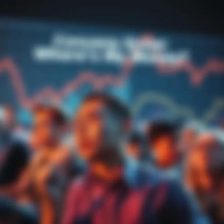 People expressing worry over missing funds in cryptocurrency, with charts showing declining values in the background