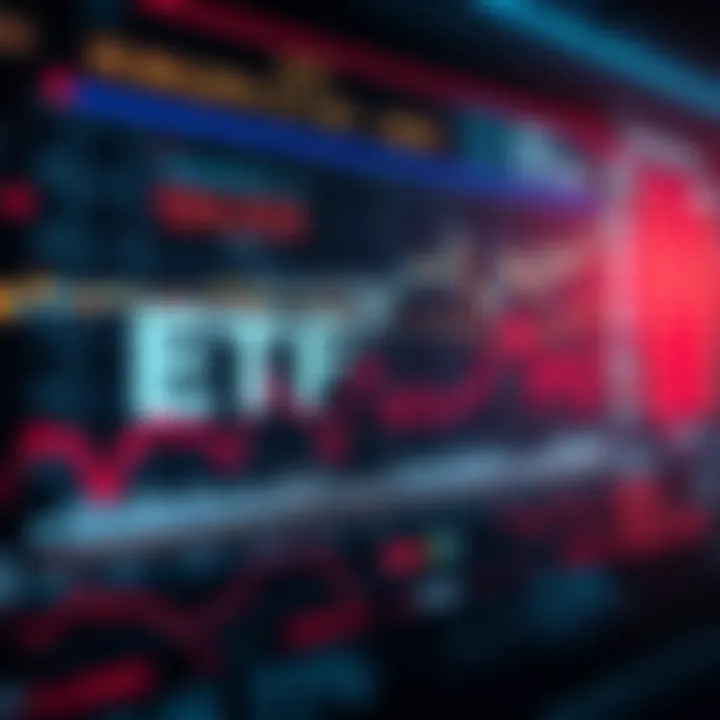 A graph showing declining ETF values with a backdrop of financial news headlines, symbolizing market instability.