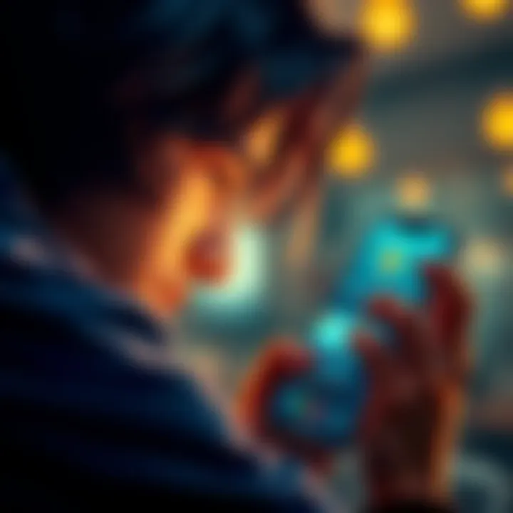 A worried person looking at a smartphone with financial app, contemplating a bank transfer, with gold coins in view