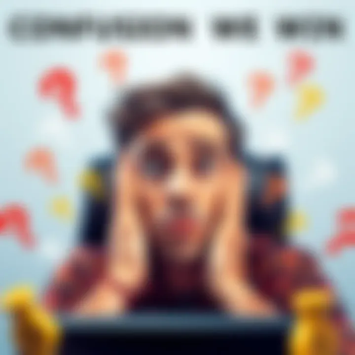 A person looking at a computer screen with a perplexed expression, surrounded by question marks and prize icons, symbolizing uncertainty about online contest rewards.