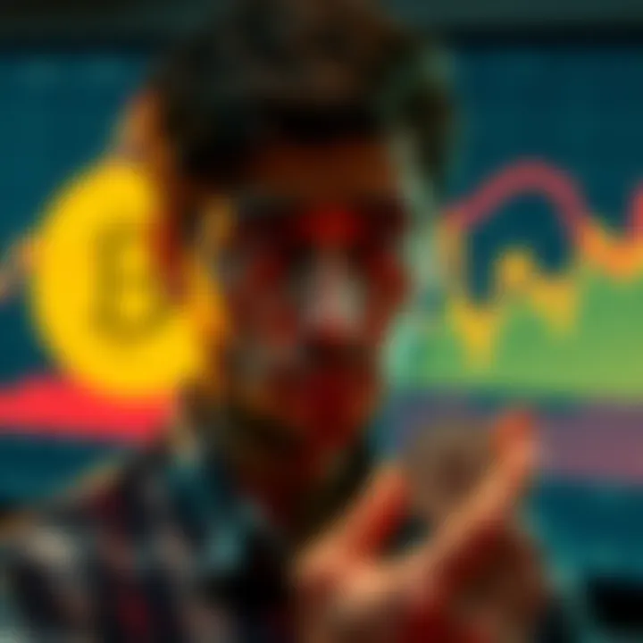 A person with a puzzled expression staring at a chart showing Bitcoin's decline, holding a small physical Bitcoin representation in hand