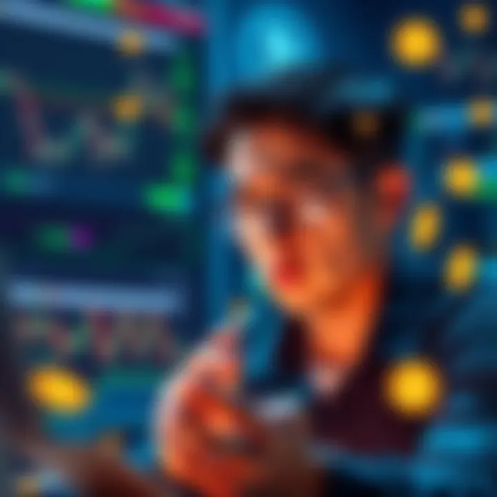 A new crypto trader looking at charts and graphs with a worried expression, surrounded by digital currency symbols.