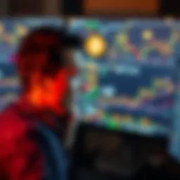 An investor stares at a computer screen filled with various cryptocurrency charts and coins, showing a mix of emotions like confusion and concern about their portfolio.