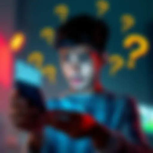 A person looking puzzled while checking their phone, surrounded by question marks.