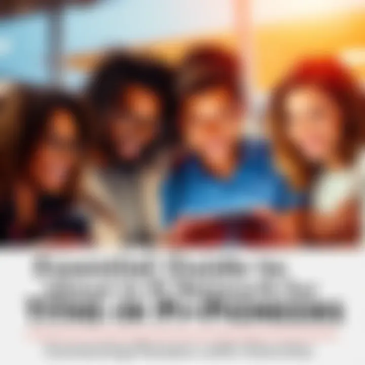 A group of people using a smartphone app to find local churches that accept Pi donations. They look engaged and happy while exploring options for tithing.