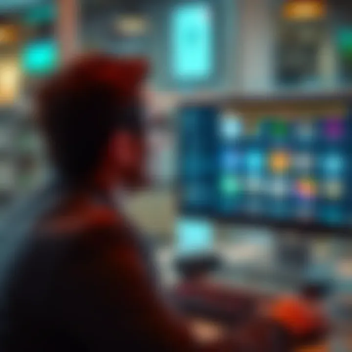 A business professional looking at a computer screen with various content management system options displayed