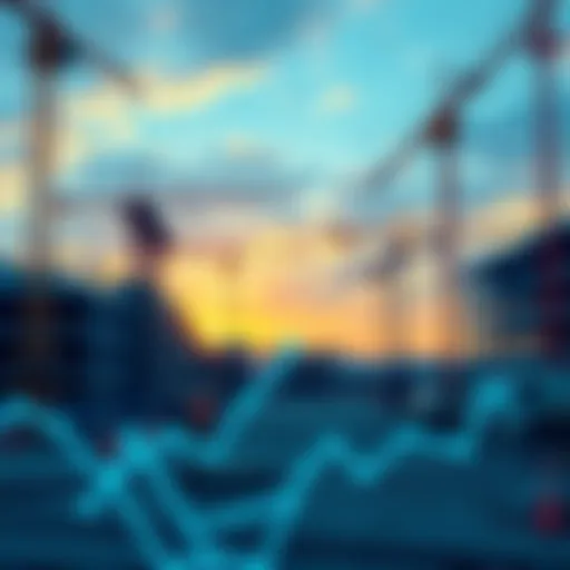 A construction site featuring cranes and workers, overlaid with digital graphics symbolizing blockchain technology and fast approvals.