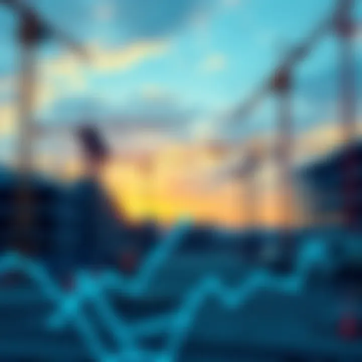 Construction site with digital blockchain overlay A construction site featuring cranes and workers, overlaid with digital graphics symbolizing blockchain technology and fast approvals.