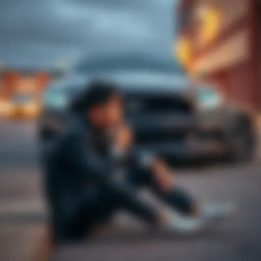 A car owner sits on a curb, looking worried while holding car keys, with their dream car parked in the background