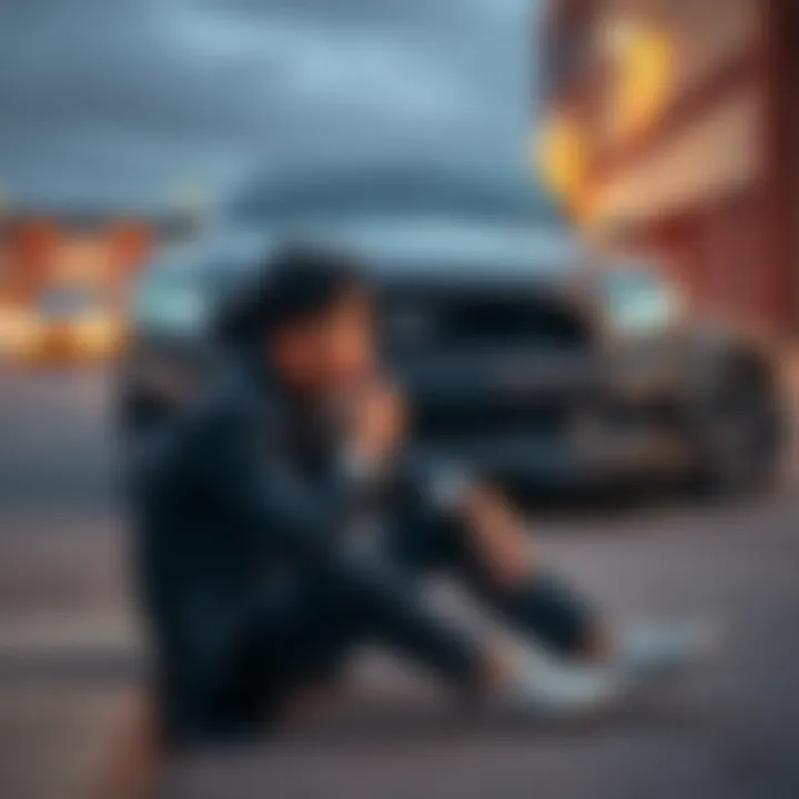 A car owner sits on a curb, looking worried while holding car keys, with their dream car parked in the background