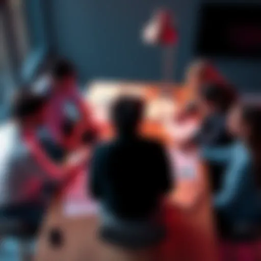 A team of people discussing content strategies around a table, with laptops and documents spread out, showing a collaborative atmosphere for website redesign.