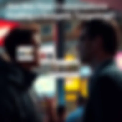 A conversation between two individuals with pop-up ads illustrating targeted advertisements related to their discussion.