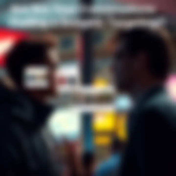 A conversation between two individuals with pop-up ads illustrating targeted advertisements related to their discussion.