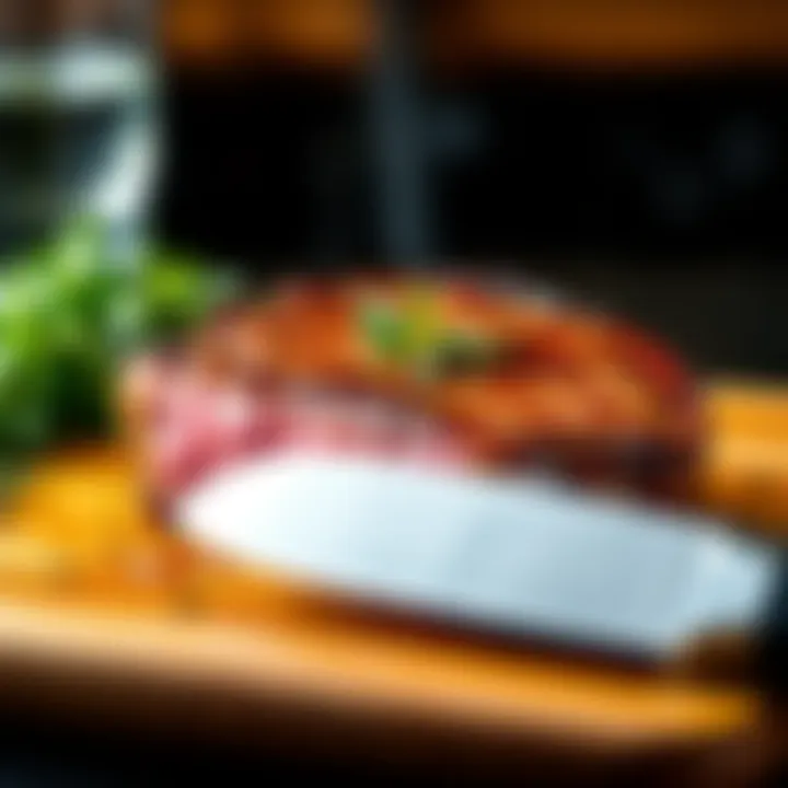 Juicy New York strip steak seared to perfection with a golden crust, served on a cutting board with fresh herbs