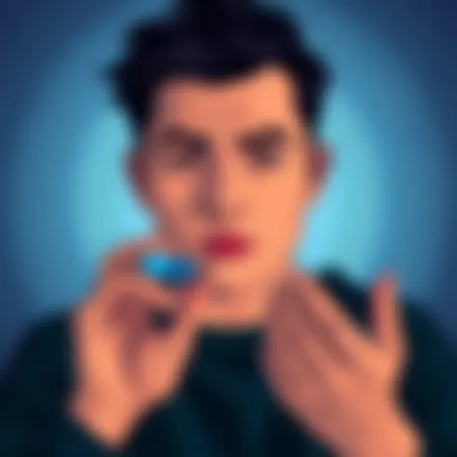 A person looking contemplative while holding a blue pill in one hand and a black pill in the other, symbolizing choices in coping strategies.