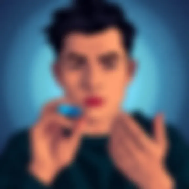 A person looking contemplative while holding a blue pill in one hand and a black pill in the other, symbolizing choices in coping strategies.