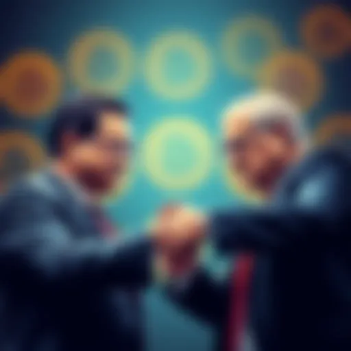 A politician shaking hands with a fund manager, both looking scheming, with a backdrop of Bitcoin logos symbolizing the R-Bitcoin controversy.