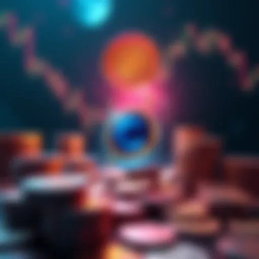 A graphic showing a falling coin with the Cosmo Coin logo, surrounded by stacks of coins and an inflation chart