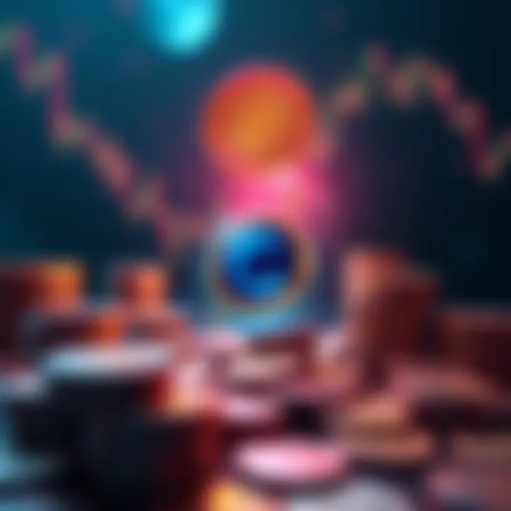 A graphic showing a falling coin with the Cosmo Coin logo, surrounded by stacks of coins and an inflation chart