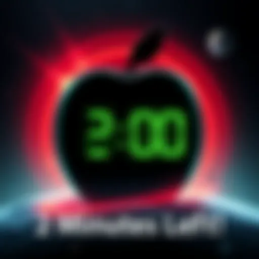A digital countdown clock showing two minutes left for the Alien Apple stock launch with a graphic of an apple and outer space theme.