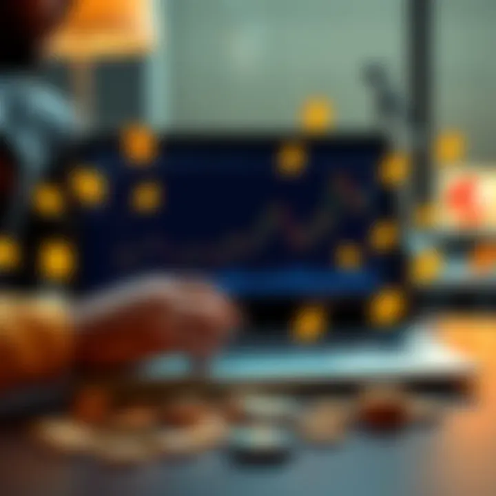 Counting Crypto Profits A person analyzing a chart on a laptop with cryptocurrency symbols around them