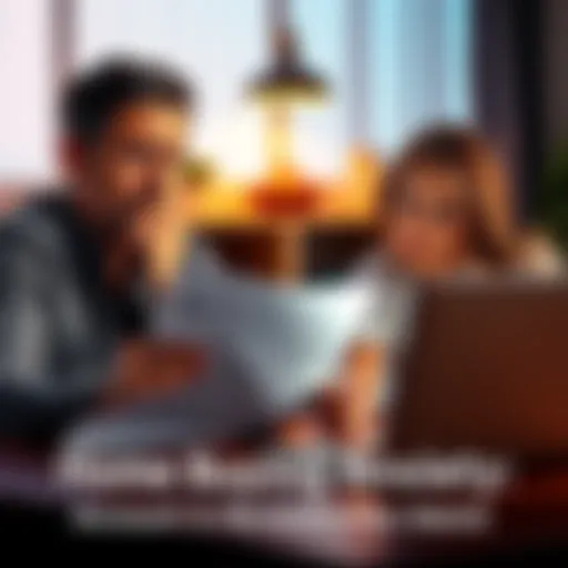 A worried couple sits at a table, reviewing documents related to their home purchase, with a laptop open showing a financial account status, reflecting their anxiety about the review process.
