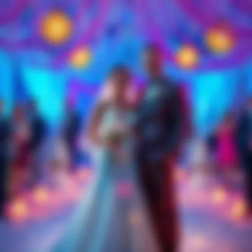 A couple dressed in wedding attire stands together, surrounded by crypto-themed decorations, celebrating their unique wedding with friends and family.